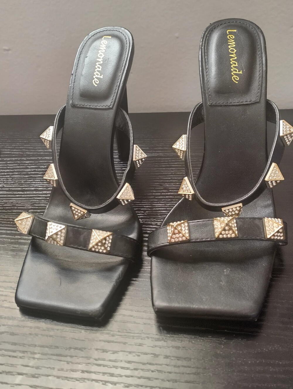 Lemonade Black Pyramid-Stud 4" Heel Sandals Size 9M